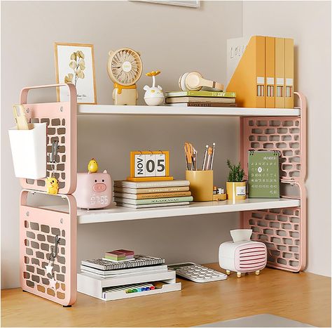 Atkits 3 Tier Desk Hutch Desktop Bookshelf Organizer Desk Hutch Top Only Computer Desktop Bookcase Countertop Storage Hutch Display Rack Table Top Shelves for Desk,Pink,2 tier Table Top Bookshelf, Desk Figurines Decor, Desk Hutch Top, Shelves For Desk, Desktop Bookcase, Desk Pink, Hutch Top, Storage Hutch, Hutch Display