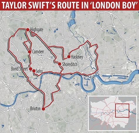 Taylor Swift's locations in the London Boy track, which features the locations that fans claim is in the shape of a heart. London Taylor Swift, Taylor Swift Map, London Boy Taylor Swift, London Boy, Taylor Swift New Song, Maps Of London, Taylor Swift Youtube, Taylor Swift New Album, Central London Map