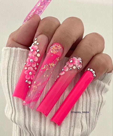 Pink Silver Nails, Crazy Acrylic Nails, Purple And Silver Nails, Flare Nails, Long Square Nails, Long Acrylic Nail Designs, Fancy Nails Designs, Nails Design With Rhinestones, Cute Acrylic Nail Designs