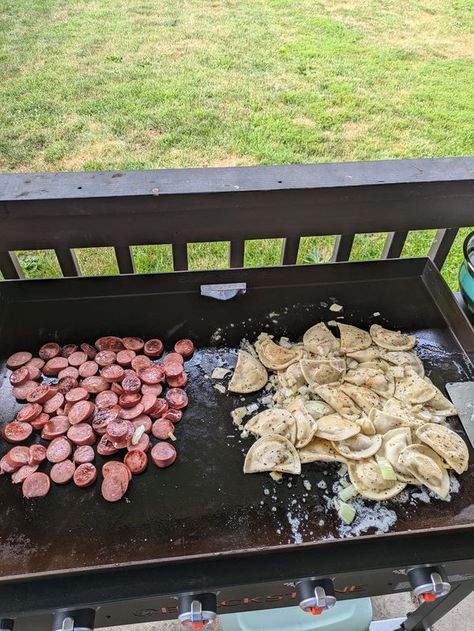 Blackstone Griddle - Recipes & Videos | Pierogies and Kielbasa made for a quick and easy meal this evening. | Facebook Pierogies And Kielbasa Blackstone, Pierogies And Kielbasa, Griddle Recipes, Blackstone Griddle, Kielbasa, Food Videos, Easy Meals