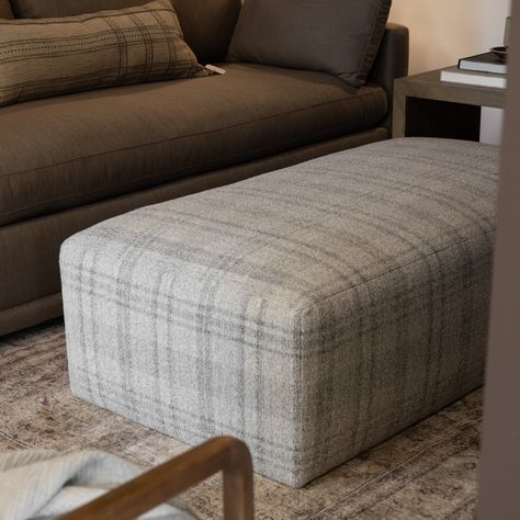 Handmade to order, this ottoman offers various customization options for a piece that perfectly suits your space. Diverse fabric range available including performance options to withstand spills, stains and high-traffic use. Best paired with our Chloé Cocktail Table. 54.0"L x 29.0"W x 18.0"H Plaid Ottoman Living Room, Checked Ottoman, Farmhouse Ottoman Coffee Table, Ottoman Coffee Table Styling, Ottoman Decor Living Room, Upholstered Coffee Table Ottoman, Plaid Ottoman, Farmhouse Ottoman, Ottoman As Coffee Table