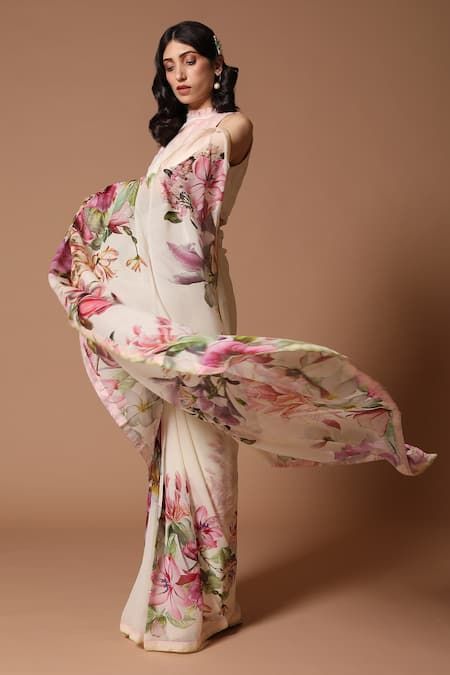 Buy Ivory Lining Chiffon Printed Saree With Unstitched Blouse Piece For Women by Rohit Bal Online at Aza Fashions. Digital Print Saree, Floral Print Sarees, Floral Saree, Rohit Bal, Print Saree, Ivory Fabric, Organza Saree, Chiffon Saree, Fancy Sarees