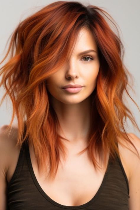 Creative Copper Hair, Copper Red With Highlights, Fresh Hair Color Ideas, Coper Hairstyles Color, Red And Copper Hair, Copper Hair With Shadow Root, Copper Hair Ideas, Spring Red Hair Color, Burgundy Hair Color Ideas