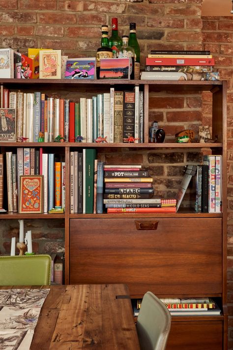 This Brooklyn Home Feels Like a Book-Filled Cabin in the Woods | Cup of Jo Book Filled Living Room, Brooklyn Home, Colorful Apartment, Living Room Den, Cup Of Jo, Eclectic Living Room, Vacation Packing, Cabin In The Woods, Room & Board