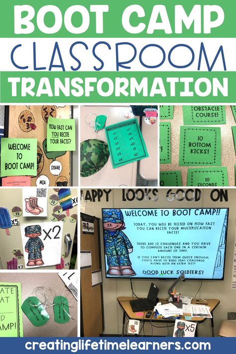 This picture shows a classroom decorated for a boot camp classroom transformation day and has decorations to go with it. It shows lots of boot camp posters placed around the classroom. There's also a boot camp training hat, name tags and green recording sheets on the table. Boot Camp Classroom, Boot Camp For Kids, Camp Classroom, 4th Grade Multiplication, Thematic Teaching, First Second Third, Training Room, Elementary Learning, Teachers Lounge