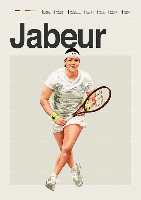 Ons Jabeur poster featuring a mid century modern design style. The high-quality print showcases a beautiful digital drawing of Ons Jabeur. Perfect for any tennis fan looking to add some flair to their living space. Tennis Graphic Design, Ons Jabeur, Costal Bedroom, Tennis Wall, Tennis Poster, Tennis Design, Tennis Posters, Tennis Art, Sports Design Ideas