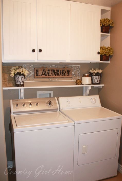 Ooh this can totally be done with my laundry room. More projects Laundry/mudroom Ideas, Country Girl Home, Room Storage Diy, Laundry Room Shelves, Farmhouse Laundry Room, Laundry Room Remodel, Laundry Closet, Small Laundry Rooms, Small Laundry Room