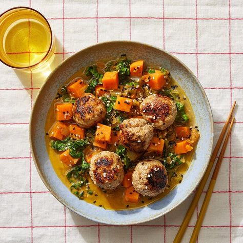 Recipe: Garlic-Ginger Turkey Meatballs over Sweet Potato & Apple Curry - Blue Apron Glazed Tilapia, Ginger Chicken Meatballs, Lemongrass Curry, Apple Curry, Garlic Ginger Chicken, Sweet Potato Apple, Yellow Curry Paste, Yellow Curry, Sweet Potato And Apple