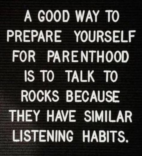 A good way to prepare yourself for parenthood is to talk to rocks because they have similar listening habits - parenting meme that all moms and dads raising kids can relate to. Mom Advice Quotes, Bad Parenting Quotes, Parents Quotes Funny, Bad Mom, Bad Moms, Bad Parents, Mom Memes, Funny Mom Quotes, Parenting Memes