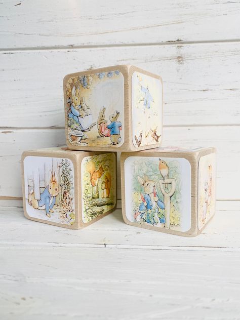 Rabbit Themed Nursery, Beatrix Potter Nursery, Nursery Shelf Decor, Baby Blocks Baby Shower, Peter Rabbit Nursery, Rabbit Nursery, Benjamin Bunny, Bunny Nursery, Nursery Shelves