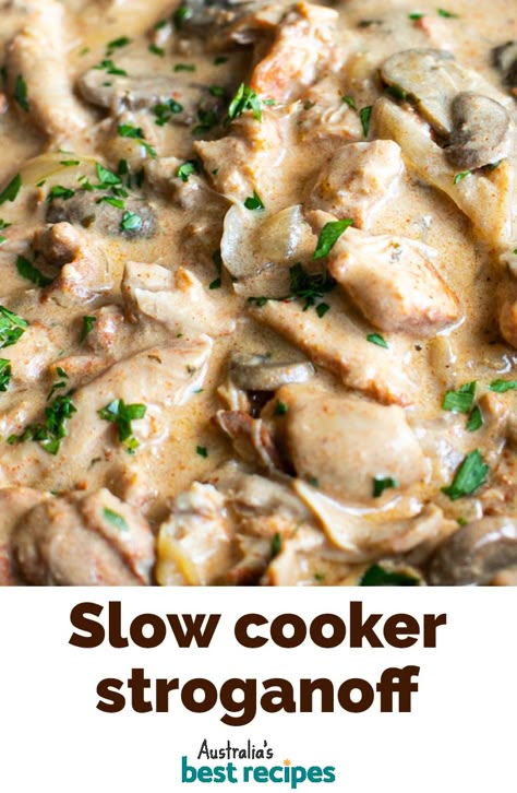 This simple creamy chicken stroganoff is a set-and-forget wonder in the slow cooker. Serve it with steamed beans and some mashed potato or pasta. #dinner #dinnerideas #slowcooker #slowcooked #slowcook #slowcookerrecipes #chicken #chickenrecipes #australia #australian #australianrecipes Slow Cooker Recipes Uk, Creamy Chicken Stroganoff, Slow Cooker Chicken Stroganoff, Slow Cooker Creamy Chicken, Dinner Party Dishes, Chicken Stroganoff, Slow Cooker Recipes Beef, Slow Cooked Chicken, Stroganoff Recipe