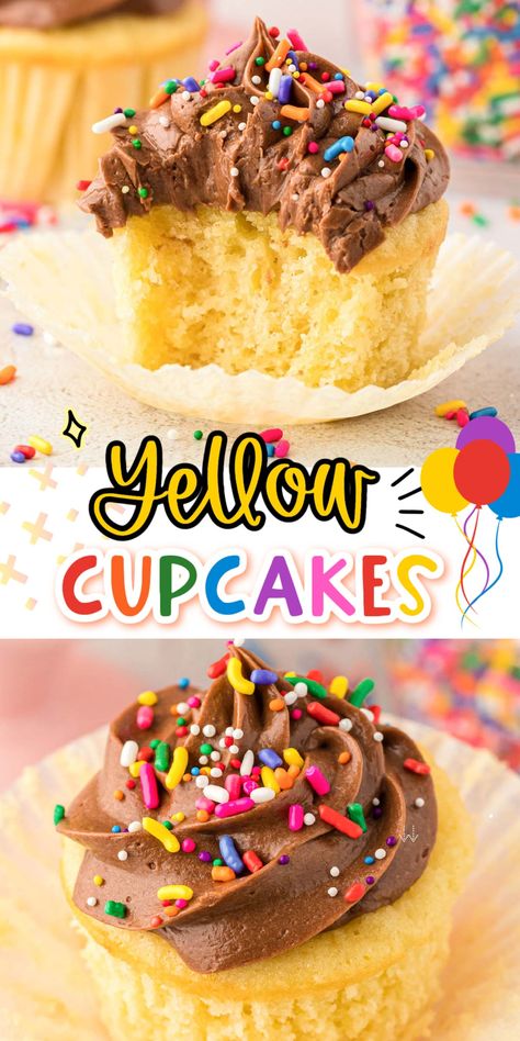 This Moist Yellow Cupcake Recipe creates over two dozen bakery-level treats in your own kitchen that everyone will devour in record time! Yellow Cupcakes From Box Cake Mixes, Dozen Cupcake Recipe, Yellow Cake Mix Cupcakes, Moist Yellow Cupcake Recipe, Yellow Cupcake Recipe, Pastors Birthday, Yellow Cake Cupcakes, Moist Cupcake Recipes, Yellow Cake Mix Recipes