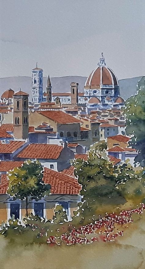 Italy, Florence, Il Pittore and Pizzale Michelangelo Landscape Original Watercolour Painting - Etsy Italy Sketches, Piazzale Michelangelo, Italy Florence, Skyline Painting, Travel Sketchbook, Italian Paintings, Watercolour Landscape, Watercolor Architecture, Italy Painting