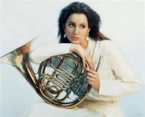 Artwork by Chen Yifei, French Horn No. 1, Made of Oil on canvas French Horn Portrait, French Horn Aesthetic, Chen Yifei, Anatomy References, Senior Photo Poses, French Horn, Senior Pictures Poses, Grad Pics, Grad Photos