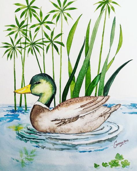 Scenery Drawing With Water Colour, Duck In Water Drawing, In Water Drawing, Scenery Drawing For Kids, Fall Canvas Painting, Scenery Drawing, Disney Drawings Sketches, Canvas Drawing, Water Drawing