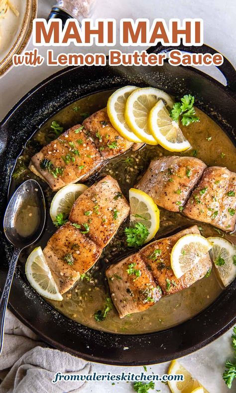 This mahi mahi recipe creates the most tender, flakey white fish with a flavorful pan sauce in about 20 minutes! Mahi Mahi with Lemon Butter Sauce is restaurant quality and surprisingly quick and easy to prepare. Mahi Recipes, Mahi Mahi Recipe, Mahi Mahi Recipes, Brown Butter Sauce, Seafood Entrees, Delicious Seafood Recipes, Pan Sauce, Outback Steakhouse, Lemon Butter Sauce