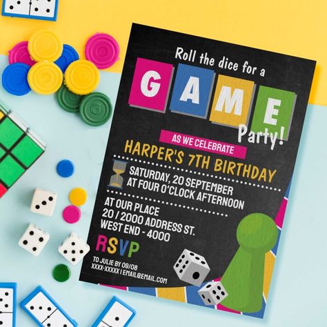 Board Game Birthday Party Invitations, Board Game Birthday Party Decorations, Board Game Birthday, Game Night Decorations, Board Game Themes, Board Game Party, Easter Birthday Party, Roll The Dice, Girl Birthday Themes