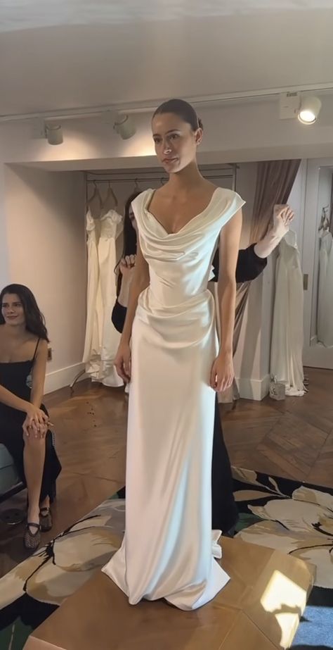 Wedding Dresses Danielle Frankel, Vicente Westwood Wedding Dress, Rehearsal Dinner Dress Aesthetic, Satin Drape Wedding Dress, Speakeasy Wedding Dress, Danielle Frankel Wedding Dress, Daniel Frankel Bridal, Portrait Neckline Wedding Dress, Thick Strap Wedding Dress