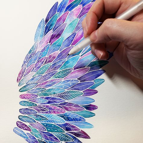 Work in progress of feathered angel wing. Gel pen over watercolors. #wip #gellyroll #feathers #angelwings Gellyroll Pen Art, Angel Doodles, Gel Pen Art Ideas, Watercolor Angel Wings, Gel Pen Doodles, Gel Pen Drawings, Gel Pen Art, Angel Wings Drawing, Watercolor Angel