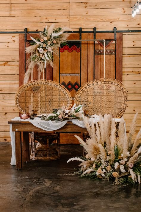 possibly use peacock chairs for headtable and I love the floor piece Peacock Chairs Sweetheart Table, Peacock Chairs Wedding Head Table, Boho Bridal Table, Boho Bridal Table Decor, Peacock Chair Sweetheart Table, Boho Wedding Chairs, Boho Head Table Decor, Boho Head Table Wedding, Peacock Chair Wedding