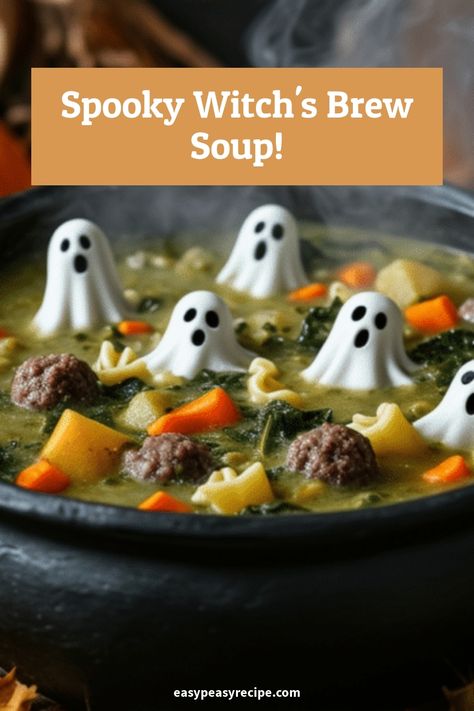 A Halloween-themed soup with ghost-shaped decorations floating in a hearty mixture of vegetables and meatballs. Halloween Themed Soup, Halloween Soups Ideas, Spooky Soup Recipes, Soups For Halloween, Crock Pot Halloween Recipes, Halloween Soups And Stews, Halloween Soup Recipes, Halloween Soup Ideas, Gothic Treats