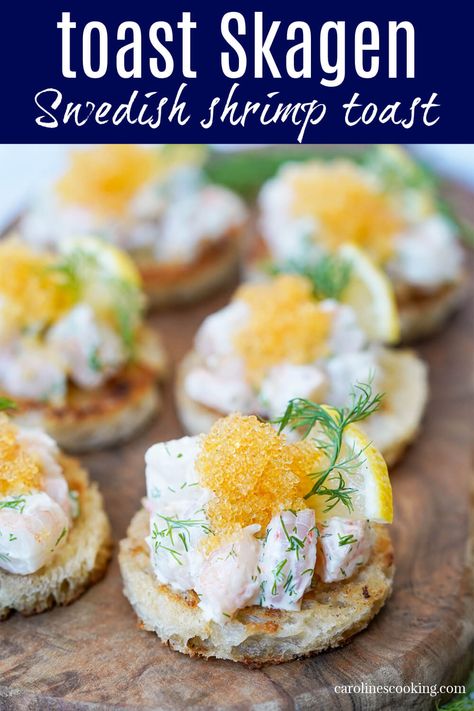 Toast Skagen is a classic Swedish appetizer, with a lemon and dill flavored shrimp salad on top of buttered toasts. It's simple, elegant and incredibly tasty. Shrimp Toast, Food Innovation, Shrimp Salad, Premium Food, Spring Recipes, Skagen, Simple Elegant, Bon Appetit, Food Bloggers