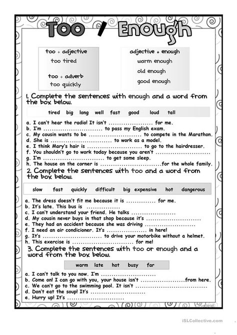 Too and Enough - English ESL Worksheets for distance learning and physical classrooms Too And Enough Worksheet, Conversation For Kids, English Conversation For Kids, English Grammar Test, English Conversation Learning, Advanced Grammar, English Grammar Exercises, English Teaching Materials, English Exam