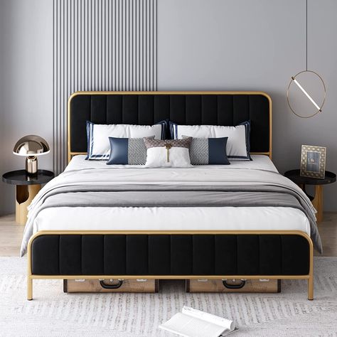 Amazon.com: HITHOS King Size Bed Frame, Upholstered Bed Frame with Button Tufted Headboard, Heavy Duty Metal Mattress Foundation with Wooden Slats, Easy Assembly, No Box Spring Needed (Golden/Black, King) : Home & Kitchen Bed Frame Upholstered, Queen Size Bed Frame, Velvet Bed Frame, Tiny Bath, Cama King Size, Velvet Upholstered Bed, Button Tufted Headboard, Bedroom Redo, Full Size Bed Frame