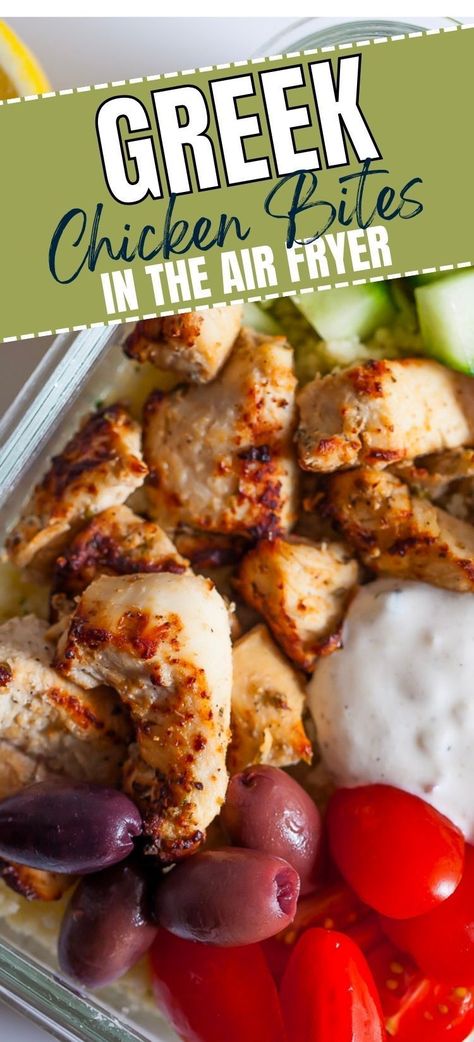 Enjoy bite-sized pieces of tender chicken breast marinated in a homemade blend of Greek yogurt, lemon juice, red wine vinegar, and seasonings. This Air Fryer Greek Chicken Bites recipe is a quick and easy way to enjoy flavorful Greek lemon chicken that pairs well with any side dish! You can add them to salads, wraps, or toss them with pasta or pita bread! Greek Chicken Seasoning, Air Fryer Greek Chicken, Greek Yogurt Chicken Recipes, Mediterranean Chicken Breast, Greek Yogurt Marinade, Greek Yogurt Marinated Chicken, Greek Chicken Breast, Chicken Breast Marinade, Greek Marinated Chicken