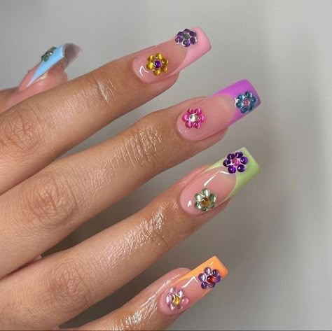 French Tip Nails Multicolor, Summer Nail Inspo Long, Rhinestone Flower Nails, Long Colorful Nails, Nail Inspo Ombre, Reverse Ombre Nails, French Tip Nails Colorful, Nail Inspo Colorful, Colorful French Tip Nails