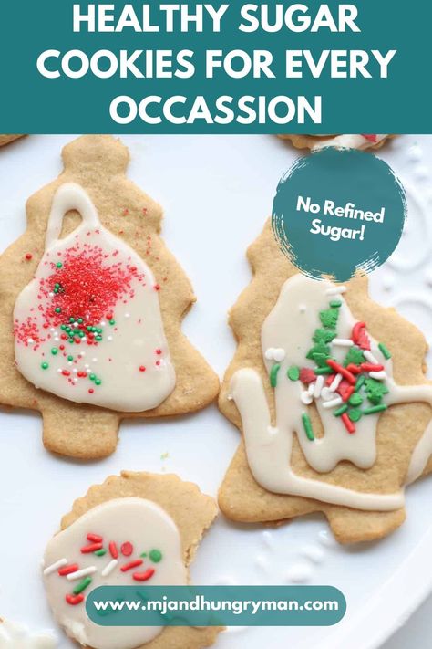 Healthy Christmas Cookies Clean Eating, Healthy Cookie Frosting, Low Sugar Cookies For Kids, Healthier Sugar Cookies, Healthy Sugar Cookie Recipe, Christmas Cookies Healthy, Fluffy Sugar Cookies, Healthy Sugar Cookies, Healthy Christmas Cookies