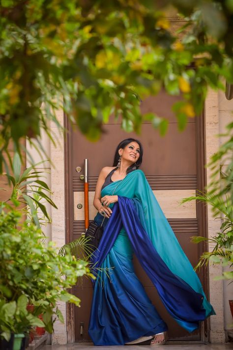 Ombre Saree, Warp And Weft, Fabric Weaving, Ombre Gradient, Satin Saree, Brown Satin, One Colour, Shades Of Teal, Green Ombre