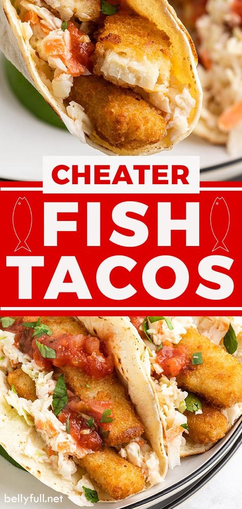 Crispy breaded fish sticks and creamy homemade coleslaw and salsa, sit inside charred corn tortillas for a super easy and yummy meal. These easy fish tacos using frozen fish sticks are a weeknight dinner lifesaver! Fish Tacos Simple, Quick Fish Tacos, Easy Fried Fish Tacos, Fish Tacos From Frozen Fish, Meals With Fish Sticks, Fish Tacos With Frozen Breaded Fish, Easy Fish Tacos With Fish Sticks, Fish Stick Lunch Ideas, Frozen Fish Stick Recipes