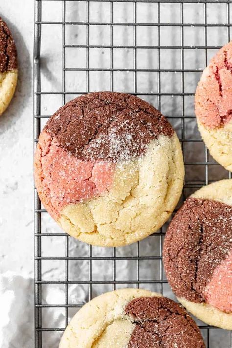 These Neapolitan Cookies are chewy, buttery sugar cookies that are naturally flavored with fruity strawberry, creamy vanilla and rich chocolate! These are soft, sweet and oh-so-fun! #cookies #sugarcookies #strawberry #chocolate #vanilla #neapolitanicecream #neapolitan Neapolitan Cookies Recipe, Neapolitan Cookies, Swirl Sugar Cookies, Vanilla Bean Blog, Sarah Kieffer, Buttery Sugar Cookies, Grandbaby Cakes, Neapolitan Ice Cream, Crazy Cookies