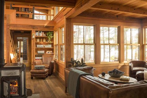 Off-the-grid island camp surrounded by breathtaking woods in Maine Cabin Inspired Interior, Small Camping Cabin Ideas, Wood Themed House, Antique Decorated Home, Tiny House Wood Stove Cabin, Home In Woods Aesthetic, Cozy Tiny Cabin, Small Cabin Interiors Rustic Simple Living Room, Tiny Cabin Living Room