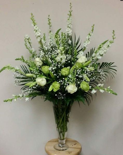 Church Pedestal Arrangement- Green and White Roses with Larkspur Sympathy Flowers Arrangements, Green And White Roses, Green And White Wedding Flowers, Altar Arrangements, Urn Arrangements, Flower Urn, Church Altar, Altar Arrangement, Altar Flowers