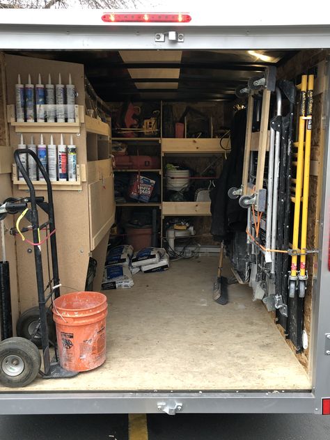 My tile tool trailer setup. Carpenters Trailer Setup, Construction Trailer Setup, Workshop Trailer, Trailer Workshop, Van Workshop, Work Truck Storage, Tool Trailer, Van Shelving, Trailer Organization