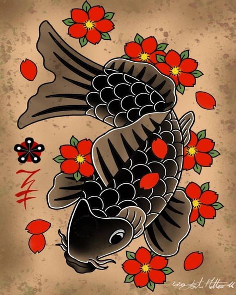 American Traditional Coy Fish, Japanese Koi Fish Tattoo Black And Grey, Coi Fish Traditional Tattoo, Koi Fish American Traditional, Traditional Koi Fish Tattoo Design, American Traditional Koi Fish Tattoo, Old School Fish Tattoo, Traditional Koi Tattoo, Japanese Traditional Koi Fish