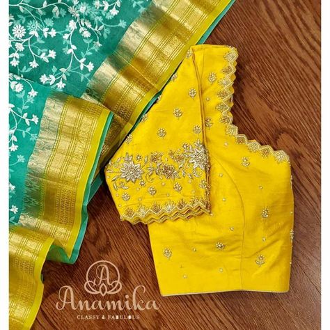 Yellow Maggam Work Blouses, Blows Design, Yellow Blouse Designs, Saree Combination, Gold Blouse Designs, Green Blouse Designs, Latest Blouse Neck Designs, Bride Collection, Blue Blouse Designs