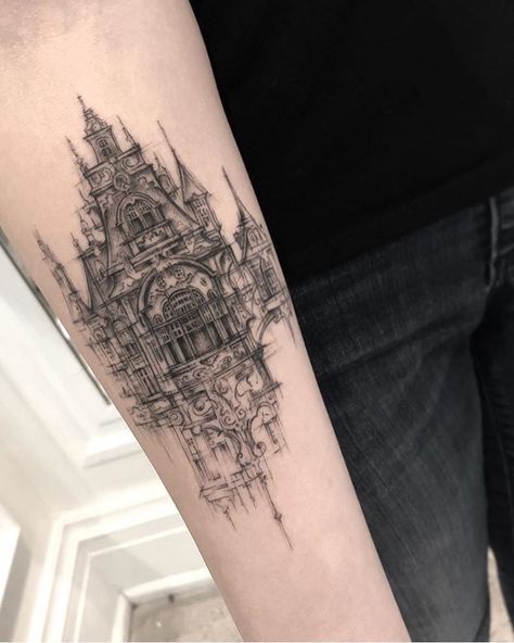 SkinArt by @zeke_chronicink Steampunk Tattoo Design, Steampunk Tattoo, Castle Tattoo, Shape Tattoo, Muster Tattoos, Elbow Tattoos, Detailed Tattoo, Architecture Tattoo, Unique Tattoo Designs