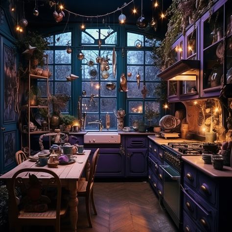 Elven Inspired Kitchen, Fantasy Kitchen Aesthetic, Mystical Home Decor, Whimsy Goth Kitchen, Whimsy Goth House Decor, Dark Purple Kitchen, Whimsy Kitchen, Whimsical House Decor, Whimsigoth House