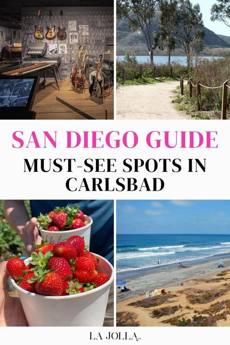 A collage featuring a music exhibit with guitars, a nature trail by a lake, a bowl of fresh strawberries, and a sunny beach view. San Diego Things To Do In, Concierge Desk, California Places To Visit, Carlsbad Beach, San Diego Vacation, Visit San Diego, Carlsbad California, Save For Later, Local Guide