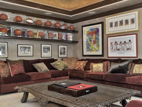 Sports Room Man Cave, Sports Memorabilia Room, Basketball Man Cave, Sports Memorabilia Display, Football Man Cave, Basketball Rack, Sports Man Cave, Memorabilia Display, Ball Room