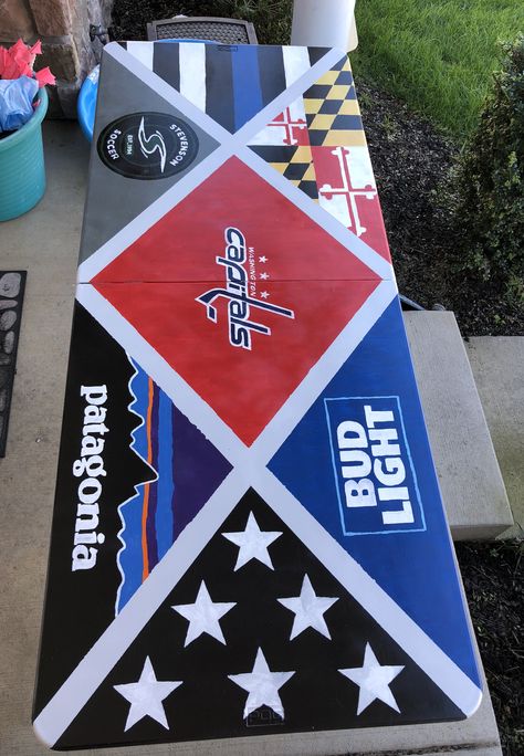 Hand painted DIY beer pong table! Follow me on instagram @lee.mcnally to buy a customized table! #Beerpong #beerpongtable #handpainted #patagonia #budlight #capitals Beer Die Table, Beer Pong Table Diy, Diy Beer Pong, Diy Beer Pong Table, Custom Beer Pong Tables, Beer Pong Table Designs, Cool Beer, Beer Table, Table Design Ideas