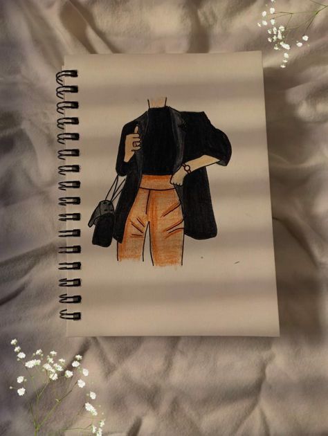 Aesthetic Outfit Sketches Pencil, Outfit Painting Art, Aesthetic Brown Drawing, Brown Aesthetic Drawing, Brown Aesthetic Painting, Outfit Sketches Pencil, Clothes Drawing Easy, Black Marker Art, Brown And Black Outfit