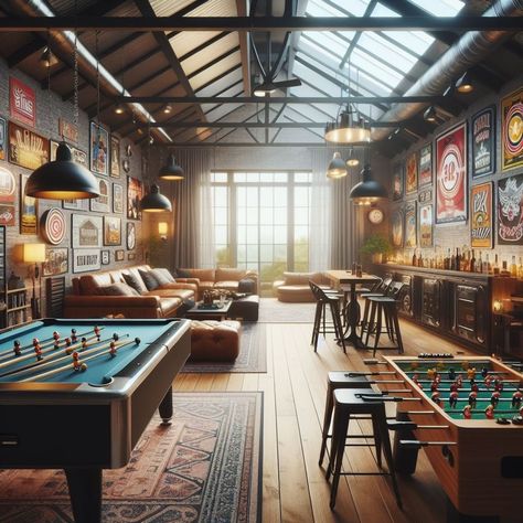 Industrial Rec Room, Tv Room With Pool Table, Game Room Bar Design, Rec Room Inspiration, Loft Gameroom Ideas Upstairs, Pool Tables Rooms Ideas, Game Room Basement Man Caves, Garage Turned Game Room, Cabin Rec Room