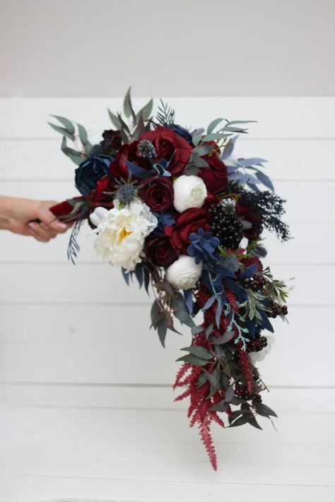 Burgundy White Navy Blue Cascading Bouquet Bridal Bouquet Faux Bouquet Wedding Flowers Boho Wedding Bouquet - Etsy Blue Cascading Bouquet, Navy Blue Bouquet, Wedding Flowers Boho, Navy And Burgundy Wedding, Faux Bouquet, Cascading Bouquet, Boho Wedding Bouquet, Bridal Bouquet Fall, Winter Bouquet