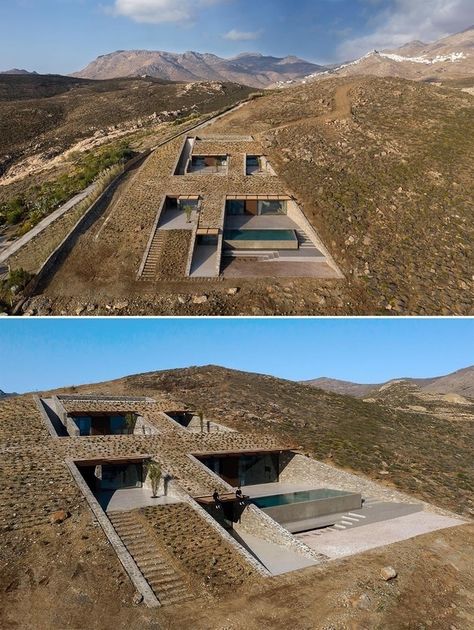 A Home Built Into The Hillside Of This Island Is Almost Invisible - Serifos 840 05, Greece House Built Into Hillside, Case Sotterranee, Earth Sheltered Homes, Architecture Renovation, Earth Sheltered, Underground Homes, Christmas Farmhouse, Front Porch Ideas For Mobile Homes, Farmhouse Front