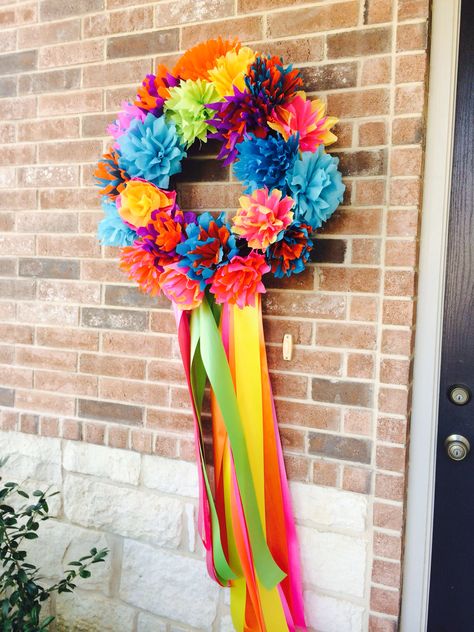 My fiesta wreath!!!  Gotta have one if you live in San Antonio!!! San Antonio Fiesta Decorations, Fiesta Wreath Diy San Antonio, Fiesta Wreath, Mexican Bridal Showers, Mexican Party Decorations, Mexican Fiesta Party, Fiesta Birthday Party, Creative Wreaths, Fiesta Theme Party