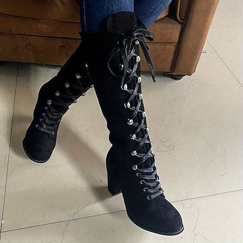 Chunky Heeled Boots, Knee High Boots Winter, Womens Suede Boots, Chunky Heels Boots, Chunky Block Heels, Round Toe Heels, Suede Lace, Long Boots, Outfit Casual